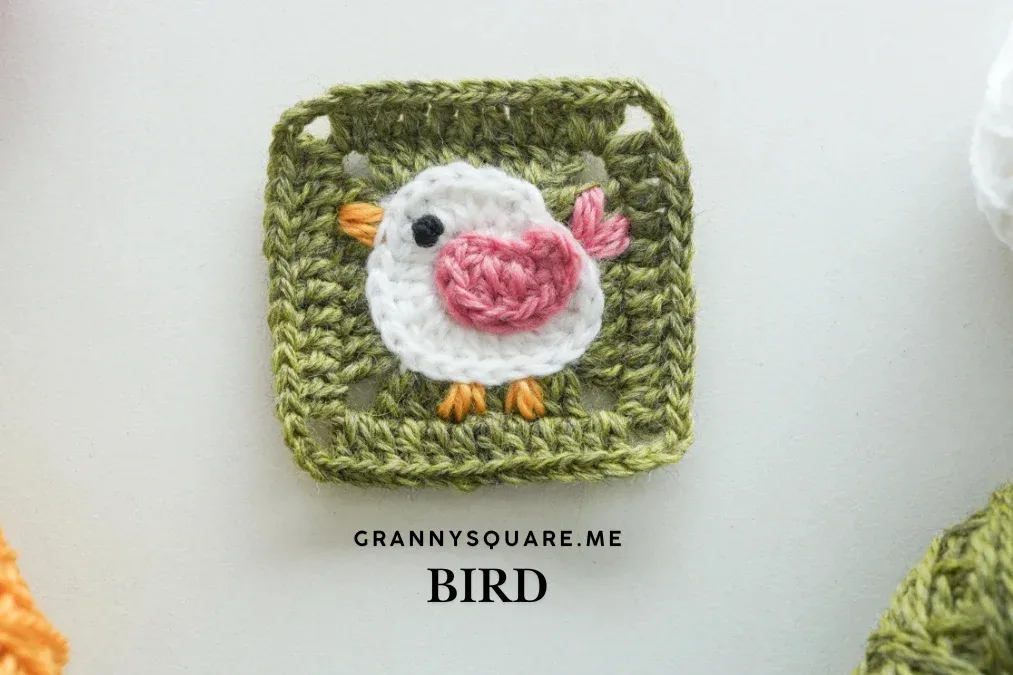 Bird Granny Square: Free Crochet Pattern with a Tiny Wing and French Knot Eye