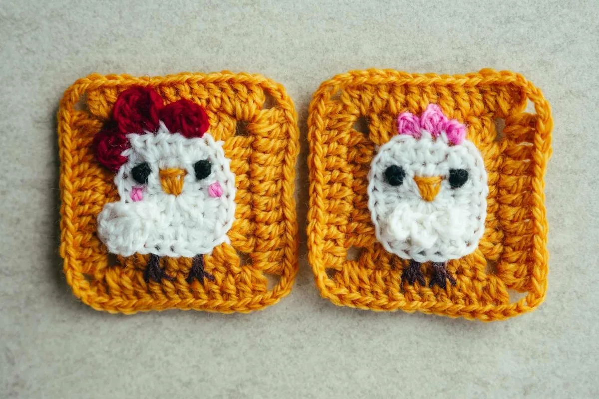 Chicken granny square crochet pattern: two farmyard designs