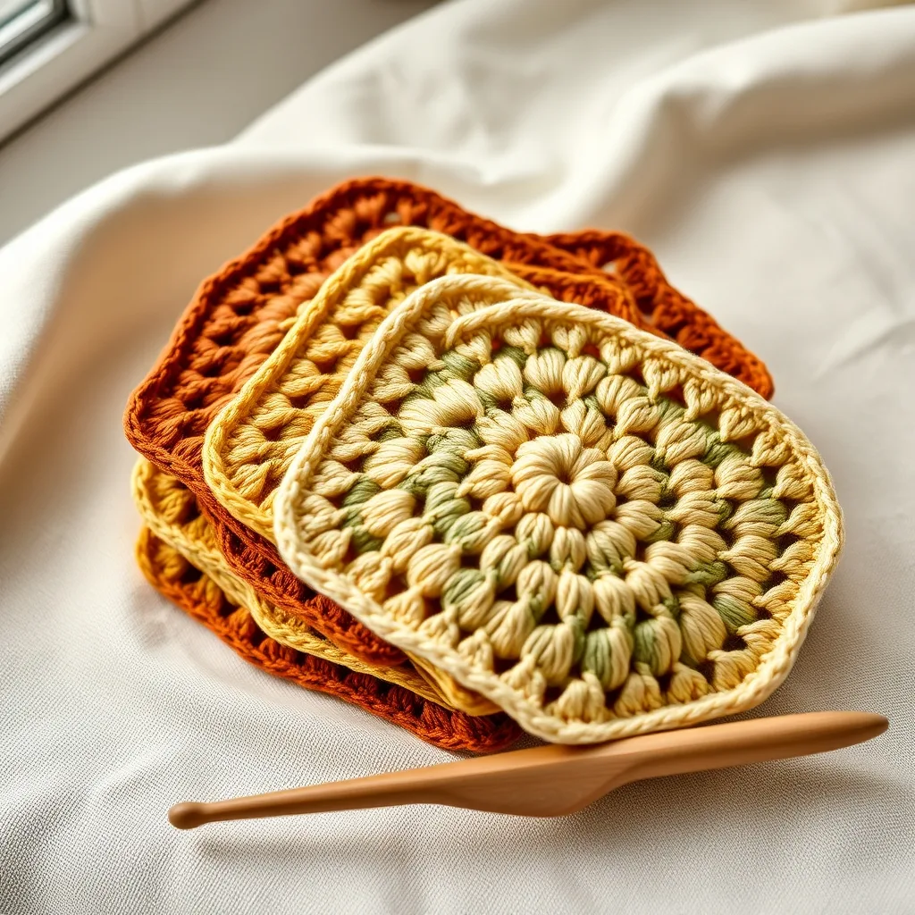 Stack of colorful classic granny squares ready to be joined into a blanket