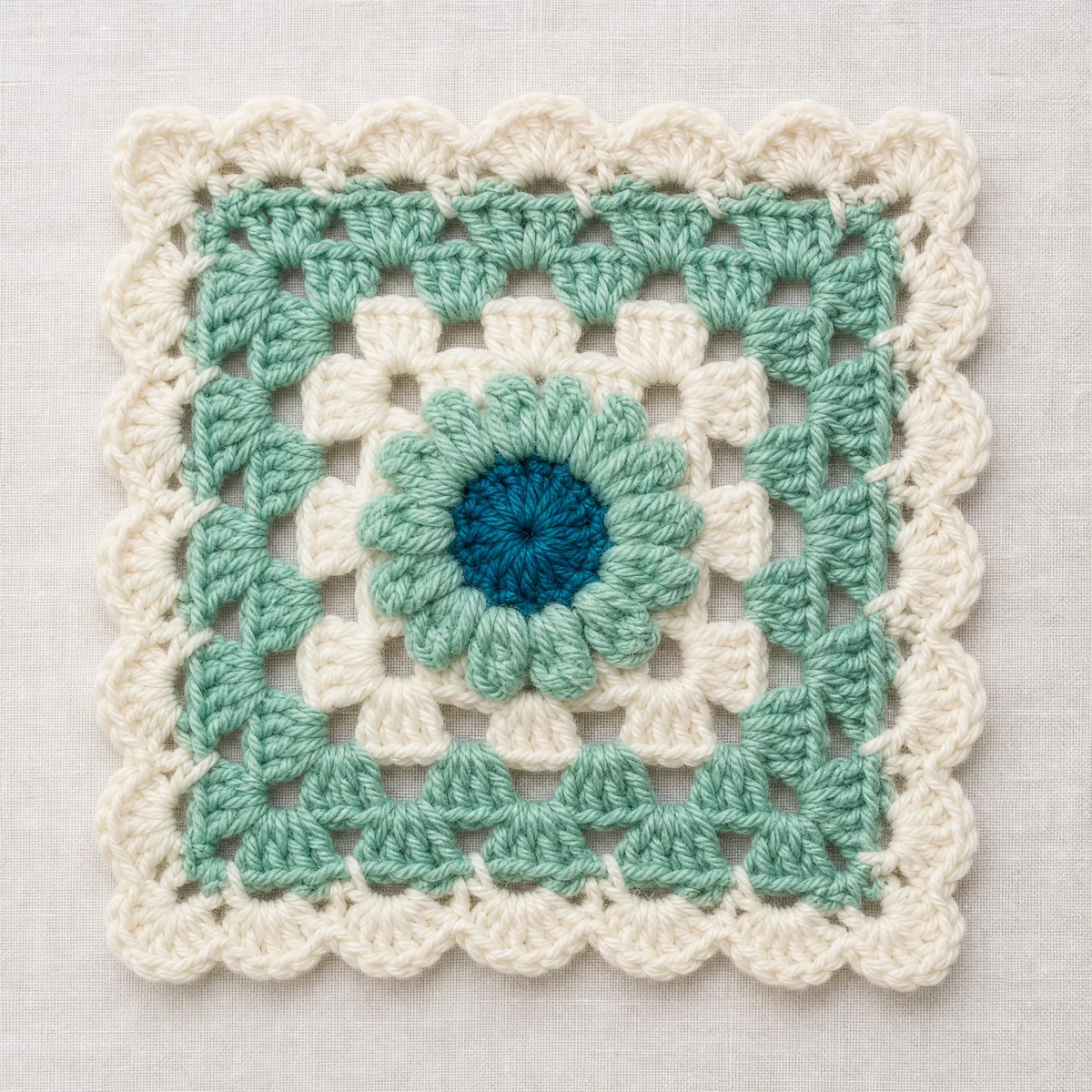 Cresting Tide Bloom Granny Square — Ocean Waves in Cream and Blue