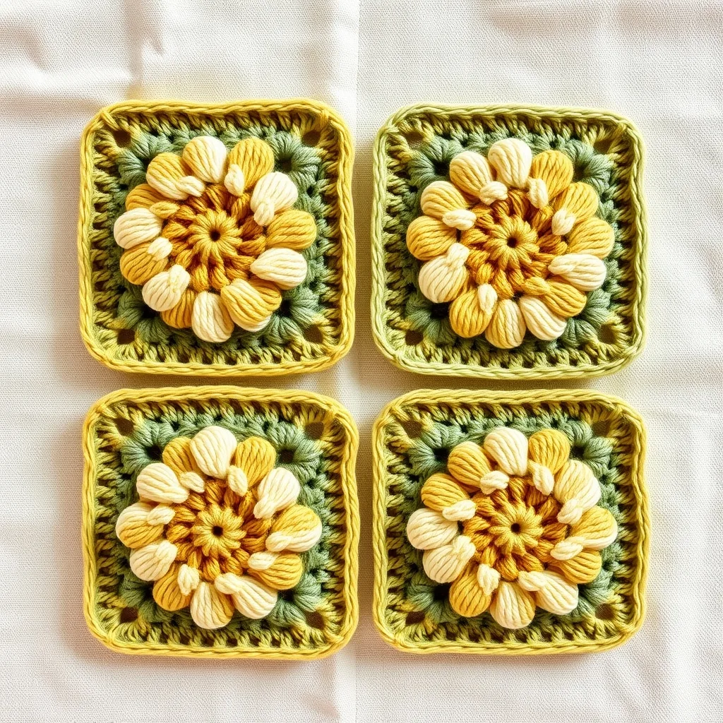 Four daisy flower granny squares in cottage colors arranged in a grid on linen