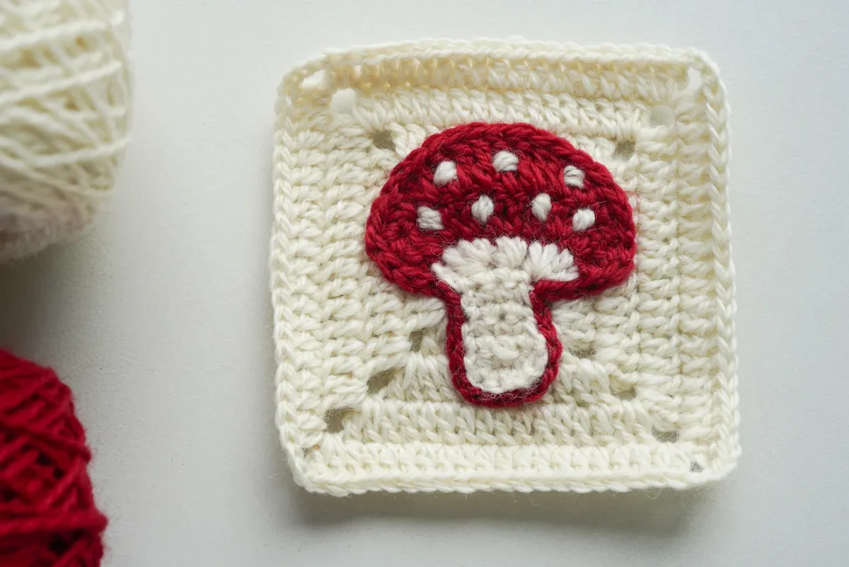 Mushroom Granny Square Free Crochet Pattern (Cute 4-Inch Toadstool Block)