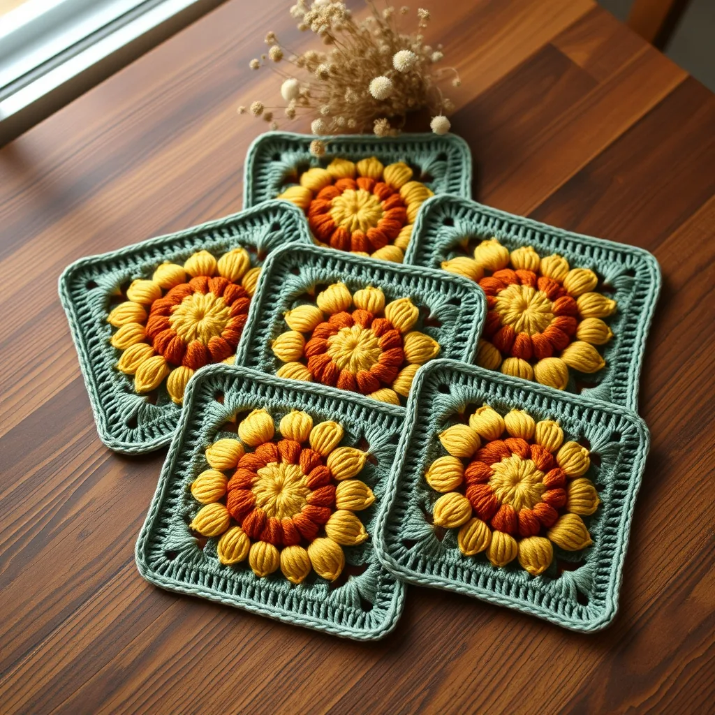 Three sunburst granny squares in warm retro colors arranged on a wooden table