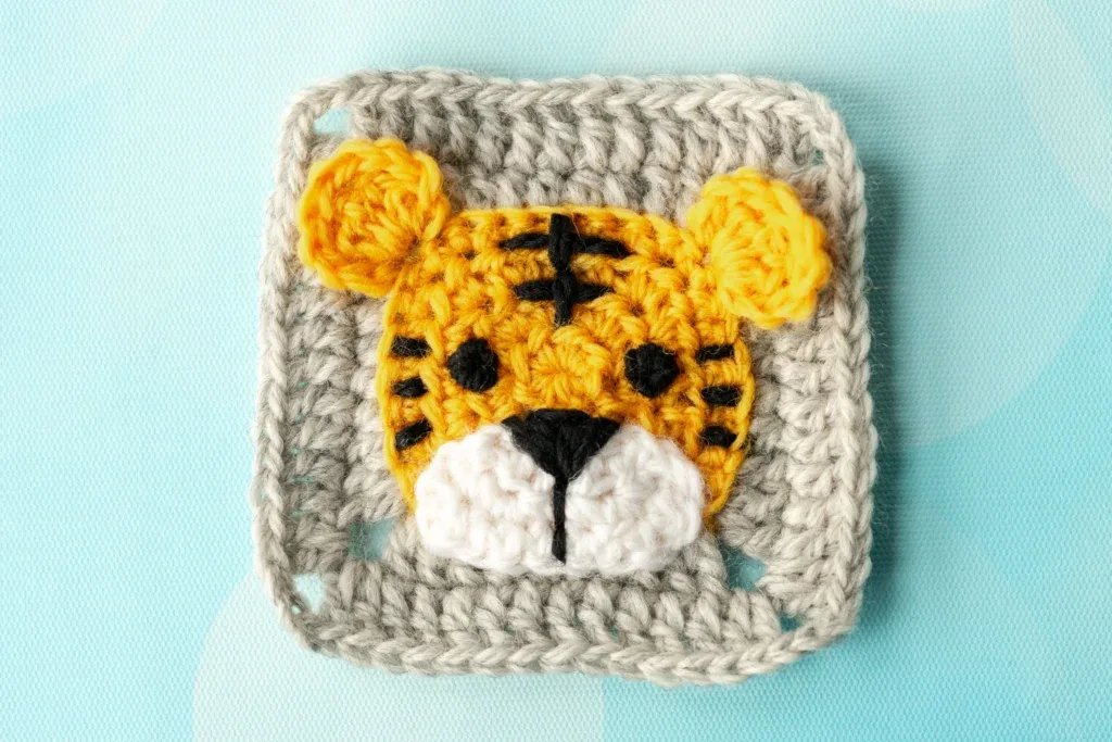 Tiger Granny Square: Free Crochet Pattern with 3D Curled Ears