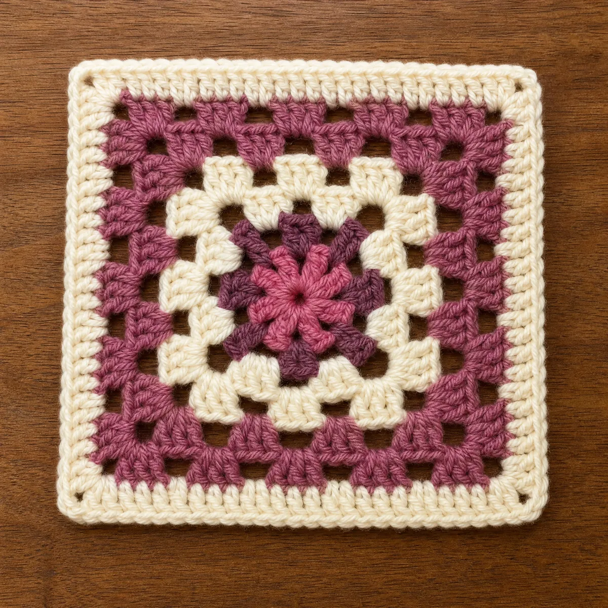 Wild Raspberry Wheel Granny Square — A Sunburst Pattern in Berry Hues